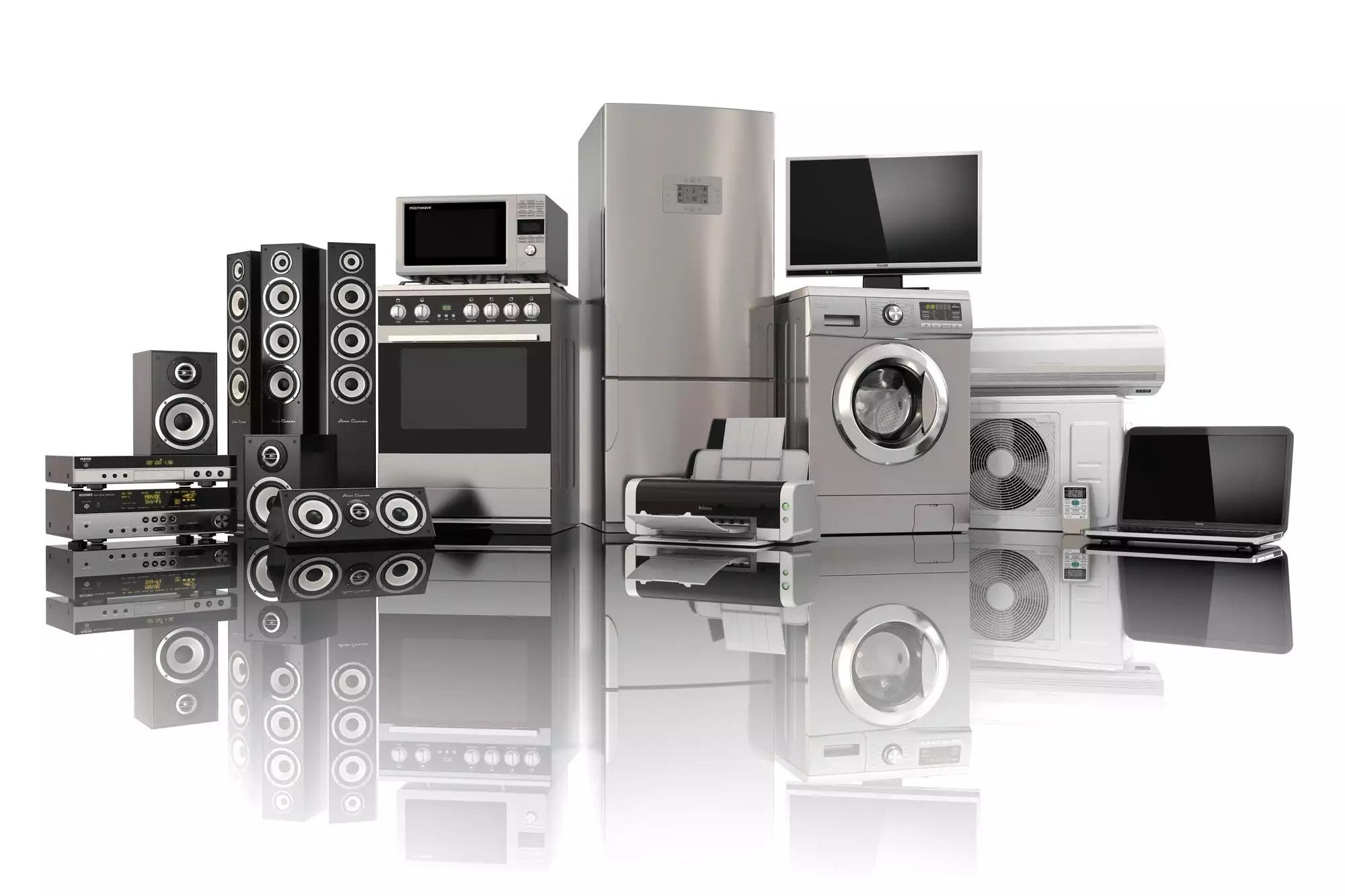 Home appliances. Gas cooker, tv cinema, refrigerator air conditi